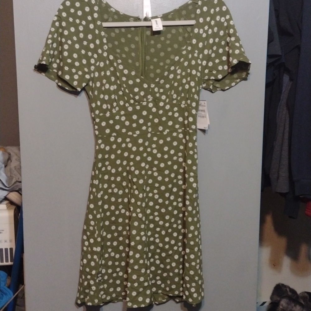 ABOUND skater dress daisy print avocado green XXS vintage Daisy